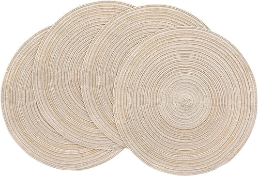 15 Inch Round Braided Placemats Set of 4, Washable Heat Resistant Cotton Polyester Circle Place Mats for Kitchen Dining Table - Canvas Beige