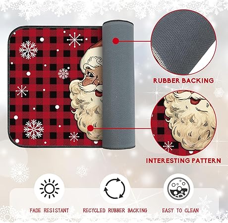 Non Slip Santa Claus Snow Gnome Low Profile Plaid Winter Decorative Christmas Rug 17x29 and 17x47 Inch