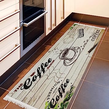 Machine Washable Wrinkle Free Coffee Cup Design Cotton 2 x 5 Kitchen Runner Rug (20" x 59", Beige)