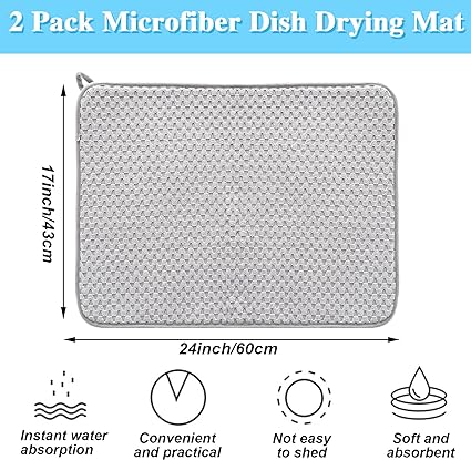 2 Pack Microfiber Dish Drying Mat,24*17 inch Absorbent Dish Drainer Kitchen Counter,Large Size Dish Drying Pad for Countertops,Sinks,Draining Racks(Gray)