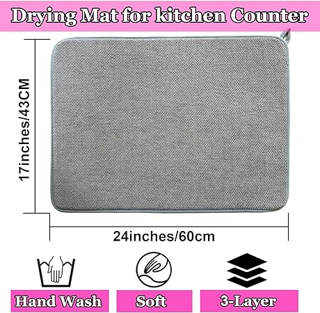 Absorbent Counertop, Thickened, Washable 2 Pack XXL Dish Drying Mats for Kitchen Counter, 24 x 17 inch