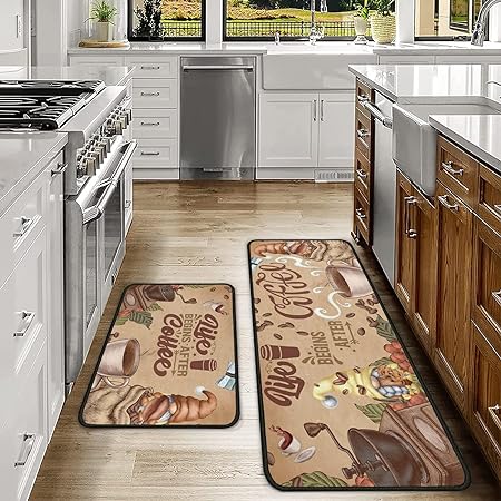 2 Piece Washable Non-Slip Black Boho Kitchen Mats