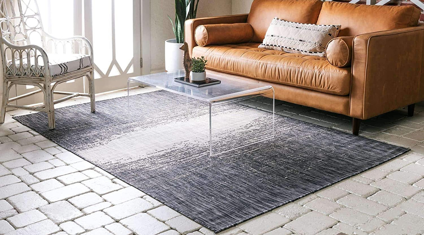Outdoor Modern Collection Distressed Gradient Transitional Charcoal Gray Area Rug