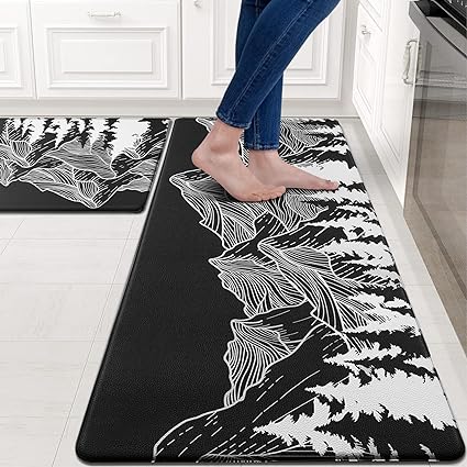 2 Piece Set Anti Fatigue Waterproof Non Skid Washable, Mountain Kitchen Mats for Floor Cushioned, 18'' x 48''+18'' x 30'', Black