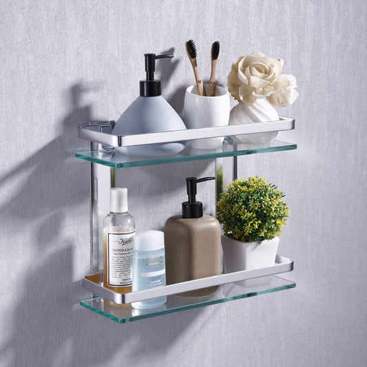 Heavy Duty Rectangular Wall Mounted Corner Shelves Aluminum Tempered Glass Storage 2-Tiers