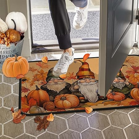 Non Skid Washable, Seasonal Fall Holiday Party Autumn Harvest Thanksgiving Kitchen Mat 17"x47"+17"x30"