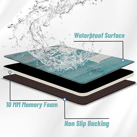 of 2 Anti Fatigue Non Slip Cushioned Kitchen Mats 0.4 Inch Thick Ocean, 17.3''x28''+17.3''x47'', Blue