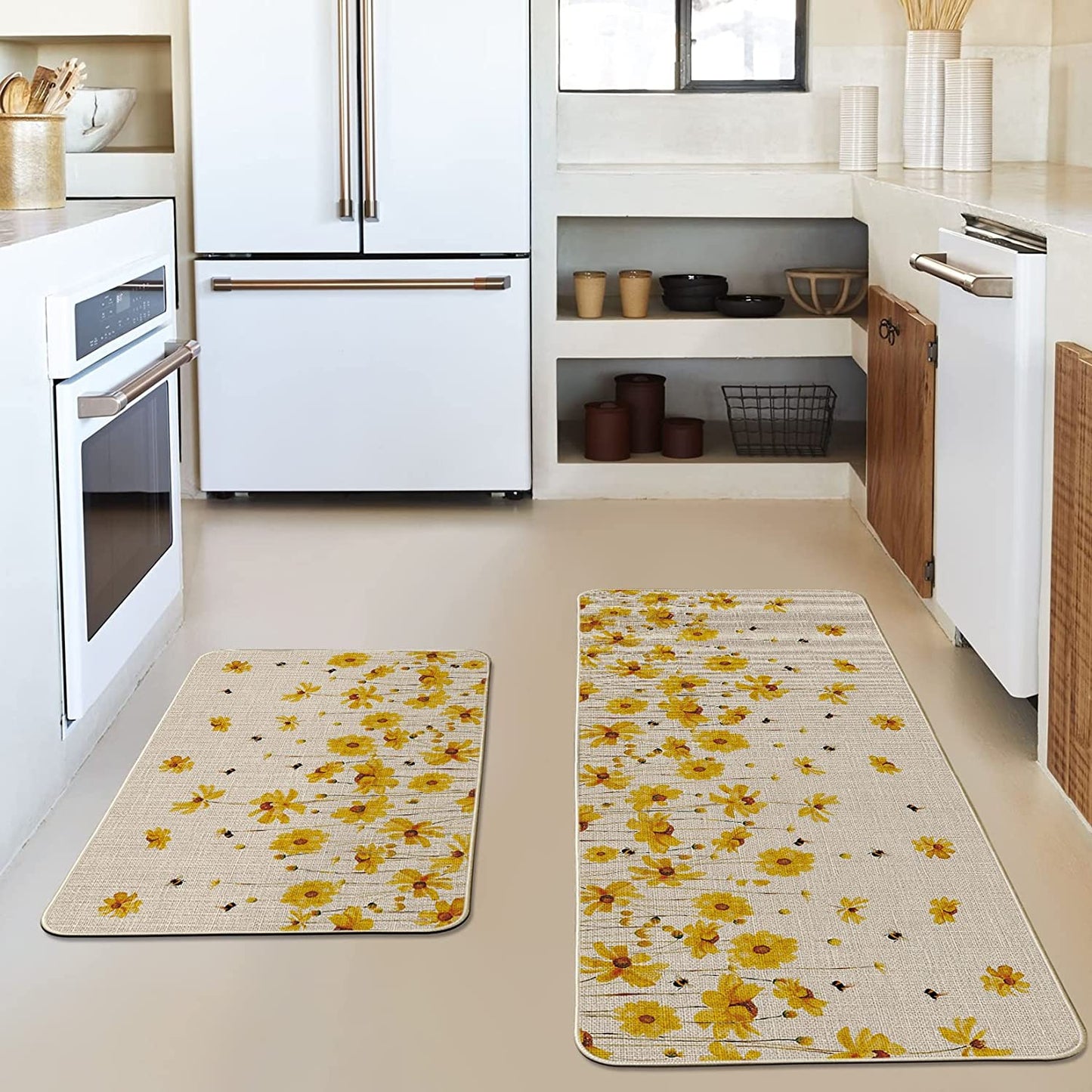 Set of 2, Yellow Flowers Bee Spring Summer Home Decor Low-Profile Kitchen Rugs 17x29 and 17x47 Inch