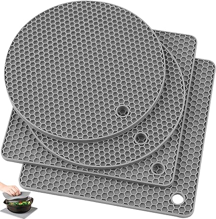 Heat Resistant Counter Silicone Trivet Pot Mat, 4 Pack Black(2 Squared + 2 Round)