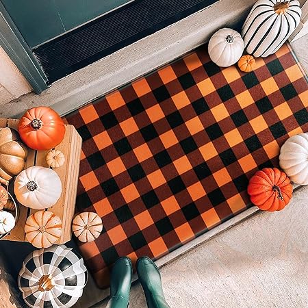 2 PCS Non Slip Halloween Decor Checkered Kitchen Floor Mats, 17x30 and 17x47 Inch