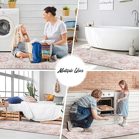 Sets of 3 Non Slip Washable Pink Durability Easy to Wipe Low-Profile Runner Rug, 20"x32"+20"x48"+20"x59"