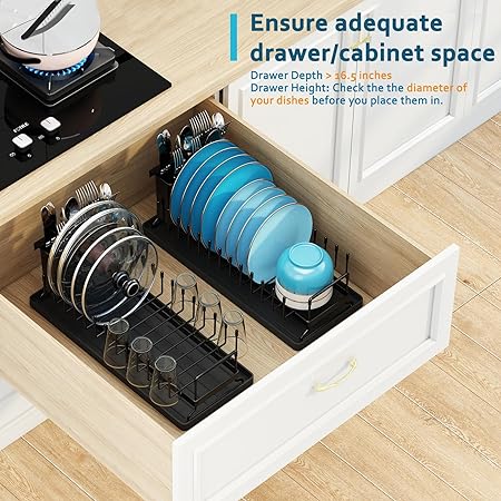 Compact Dish Rack for Kitchen Counter with Silicone Dish Drying Mat, Stainless Steel Dish Drainer for Kitchen Sink, Space Saving Plate Rack Cutlery Holder, Black