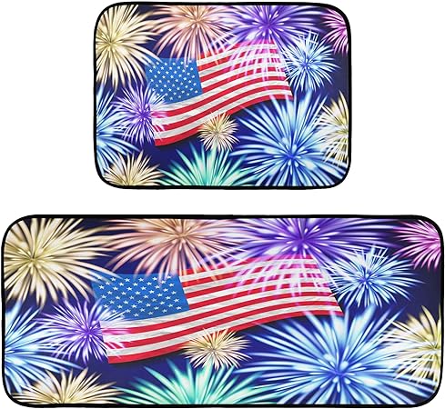 American Flag Fireworks Patriotic 4Th of July Non Slip Doormats Carpet Home Decor Set of 2