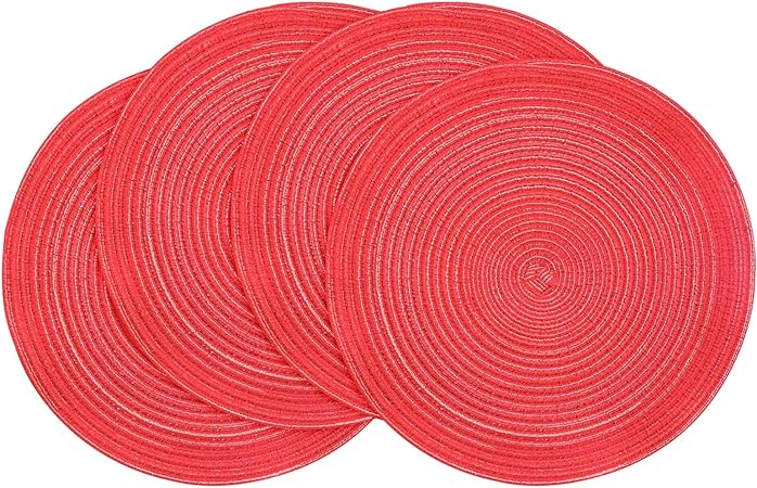 15 Inch Round Braided Placemats Set of 4, Washable Heat Resistant Cotton Polyester Circle Place Mats for Kitchen Dining Table - Canvas Beige