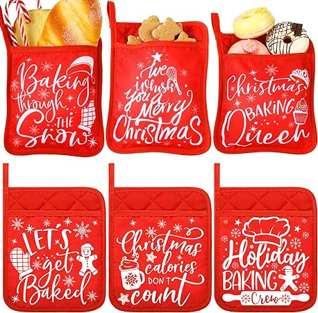 Machine Washable Heat Resistant Christmas Pot Holders with Pocket Xmas Funny Pot Mat, (Black,6 Pieces)