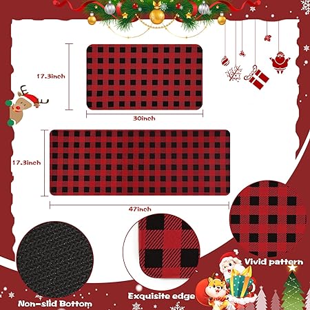 Non-Slip Washable Low-Profile Winter Xmas Buffalo Plaid Kitchen Mats Set of 2, 17"x47"+17" x30"