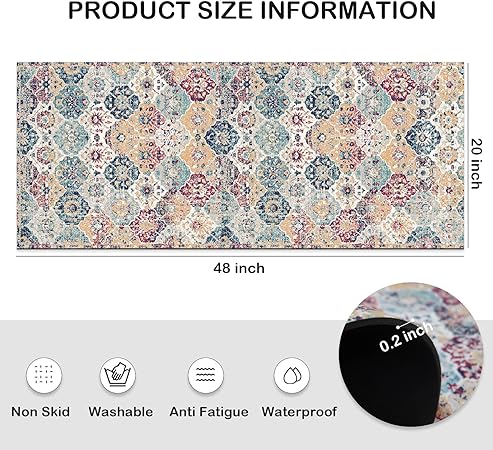 Boho Vintage Tebriz Non Slip Washable Cushioned Waterproof Rugs for Kitchen, 20 x 48