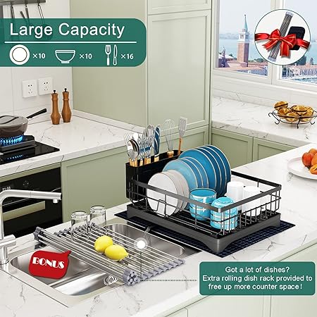 Compact Dish Rack for Kitchen Counter with Silicone Dish Drying Mat, Stainless Steel Dish Drainer for Kitchen Sink, Space Saving Plate Rack Cutlery Holder, Black