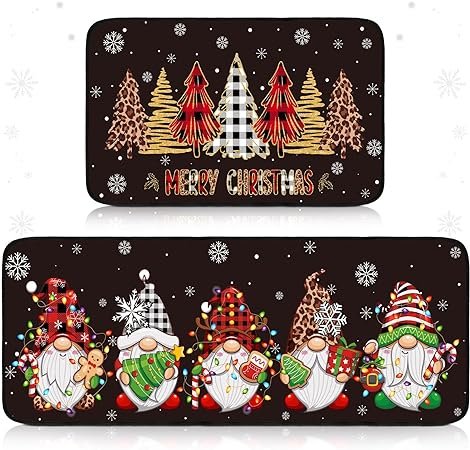 Non Slip Santa Claus Snow Gnome Low Profile Plaid Winter Decorative Christmas Rug 17x29 and 17x47 Inch