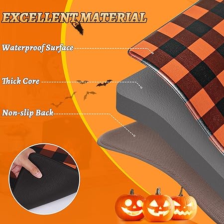 2 PCS Non Slip Halloween Decor Checkered Kitchen Floor Mats, 17x30 and 17x47 Inch