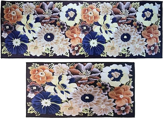 Set of 2 Non-Slip Grey Kitchen Farmhouse Rugs 16 x 31.5 in +16 x 47.3 in (Black Rugs)