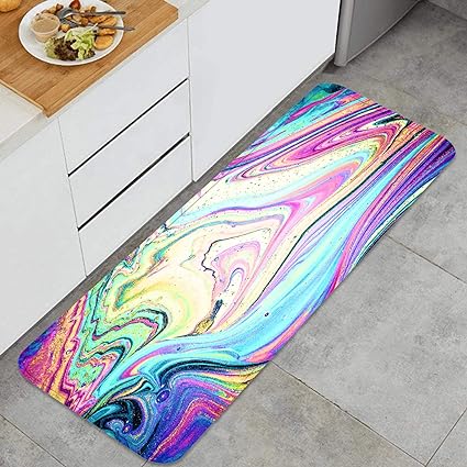 Non Slip Kitchen Mat Marble Art Fantastic Iridescent Colors Natural Throw Cushioned Carpet Floor Rugs Decor for Bath Living Room Office Front Door Sink, 47“x 17.5