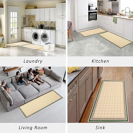 2 PCS Vintage Water Absorb Microfiber Non Skid Washable Farmhouse Kitchen Mats and Rug Set - 17"x29.5"+17"x47", Beige&Black