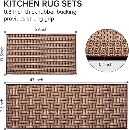 Non Skid Washable Set of 2 PCS, Absorbent Runner Rugs for Kitchen, Front of Sink, Kitchen Mats for Floor, 17.3"x 47"+17.3"x 29" (Black)