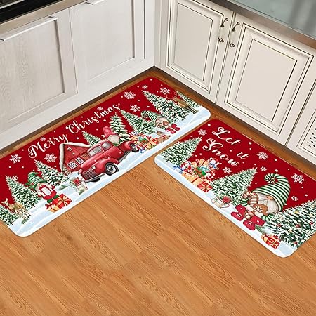 Set 2 Pieces Cute Santa Claus Decor Red Black Buffalo Plaid Non Slip Washable  Kitchen Rugs, 15.7" x 23.6"+15.7" x 47.2"