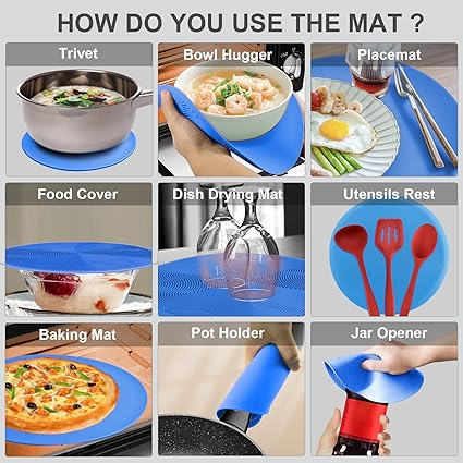 Microwave Mat & Food Cover- 10“ Mat as Bowl Holder, Multi-use: Silicone Trivet, Utensils Rest for Kitchen Counter