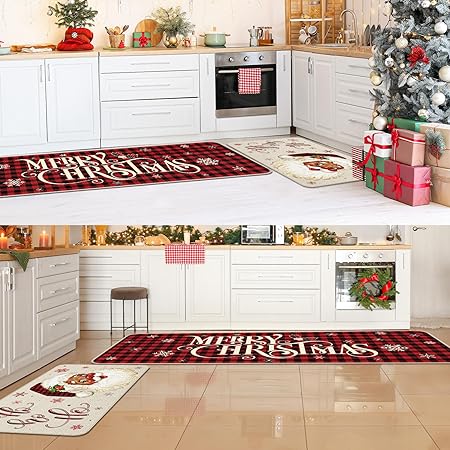 Non Slip Buffalo Plaid Black Santa Claus Mats 17 x 47 Inch and 17 x 29 Inch