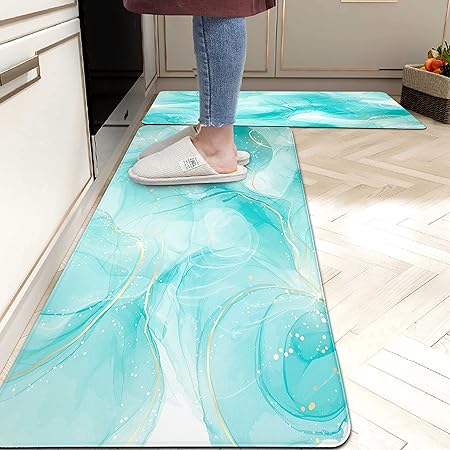 Sets 2 Gold Marble Abstract Cushioned Anti-Fatigue Non-Slip Memory Foam Comfort Standing Mat,  17.3''x 28''+17.3'' x 47''