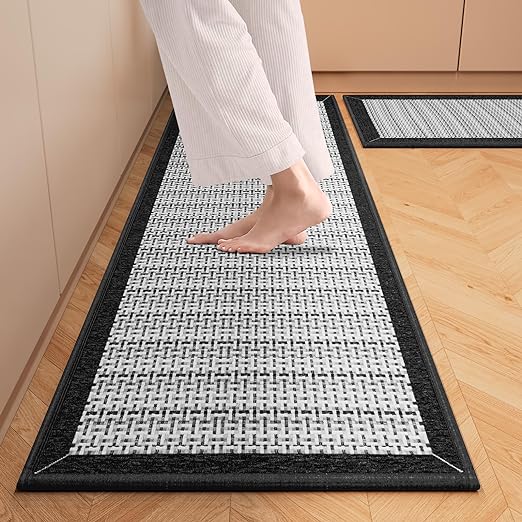 2PC Non-Skid Washable Farmhouse Standing Mat Absorbent Runner Rugs, 17.3"x 47"+17.3"x 29"(Black)