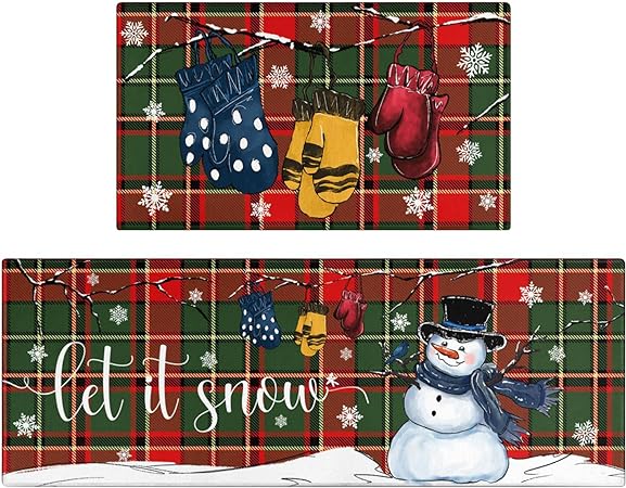 Set of 2, Non Skid Washable Winter Snowman Let It Snow Snowflake Knitted Gloves Xmas Holiday Sink Floor Mat, 17"x47"+17"x30"