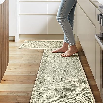 Non Skid Washable Absorbent Kitchen Runner Rugs 2 Pcs, 17"x32"+17"x48" (Brown)