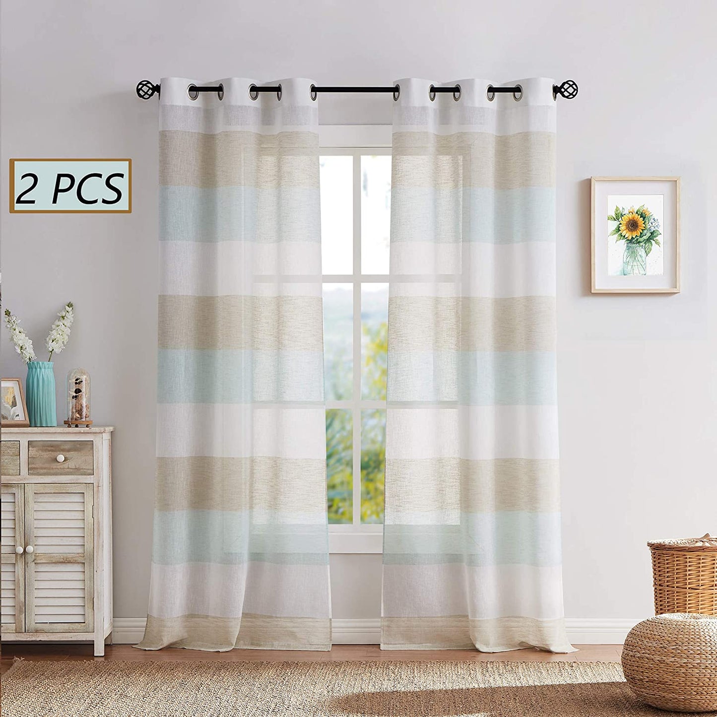 Gray Tan Stripe Sheer Color Block Window Curtain Panel Linen 95 inches Long with Grommets, 2 Panel Rustic Drapes