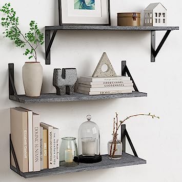 Set of 3, Floating Shelves with Black Metal Brackets (Natural Color)