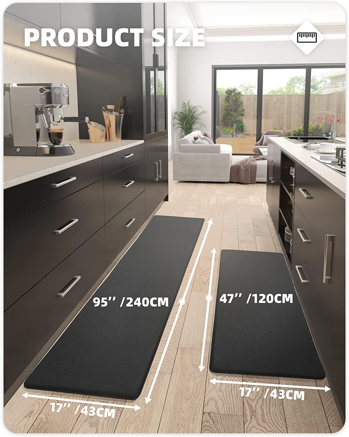 Kitchen Rugs,  Set 2 Piece Kitchen Runner Rug Kitchen Floor Mat, Cushioned Anti Fatigue Kitchen Mat Non Skid Waterproof Comfort Standing Rug, 17"x29"+17"x59", Grey