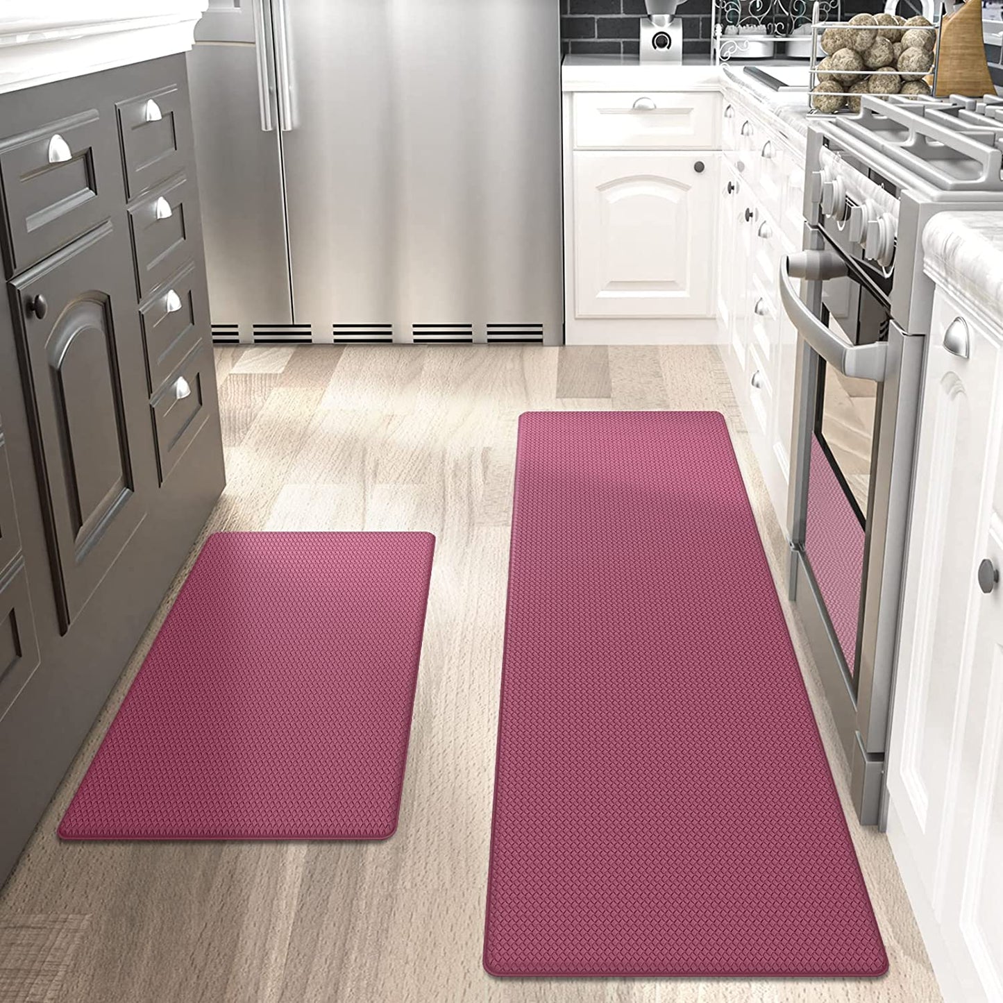 Kitchen Rugs and Mats Cushioned Anti Fatigue Comfort Mat, 2 Pieces Set 17"x29"+17"x59",Beige White