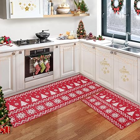 Washable Decorative Non Skid Christmas Kitchen Runner Mat, 17"x29"+17"x47"