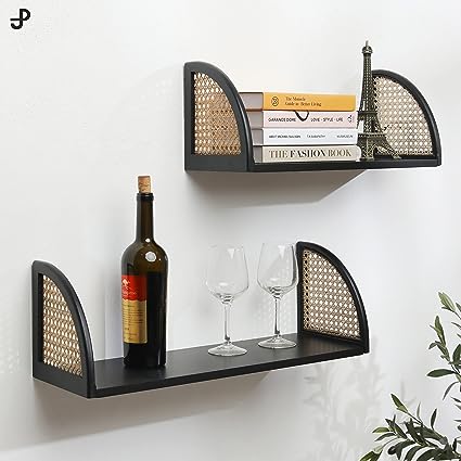 Decorative Wooden Wall Shelf with Rattan, Set of 2 (Green)