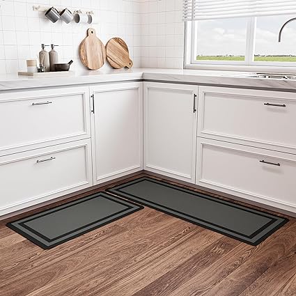 【2 PCS】 Non Skid Kitchen Runner Rug Absorbent Resist Dirt, Kitchen Floor Mat Waterproof Comfort Standing Mat for Kitchen,Home Office,Sink,Laundry（Dark Gray）