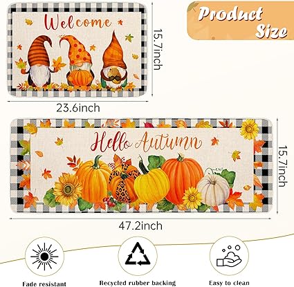 Non-Slip Gnome Doormat for Outdoor Indoor Kitchen Decor, Halloween Decorative Kitchen Mats Set of 2,