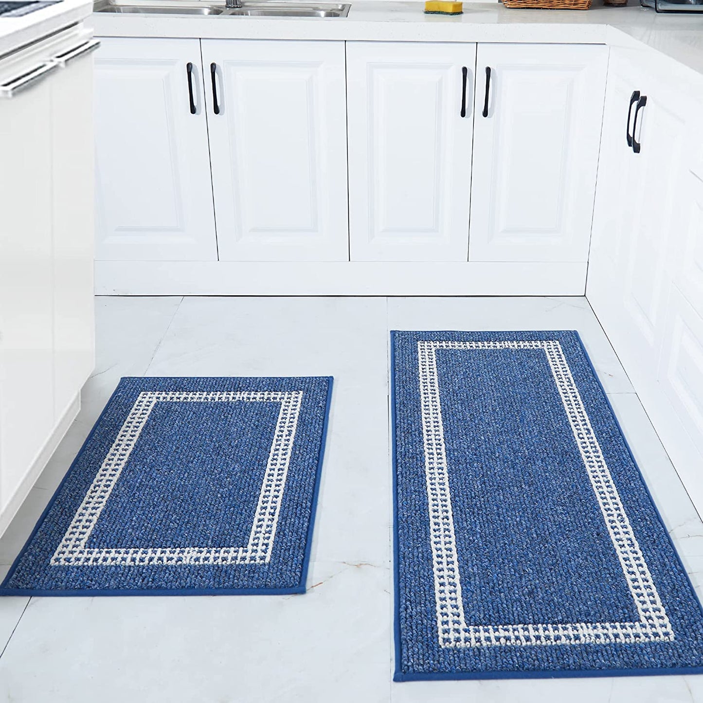 [2 PCS] Super Absorbent, Non-Skid, Washable, Polypropylene, Blue Kitchen Rugs and Mats 48x20 Inch/30X20 Inch