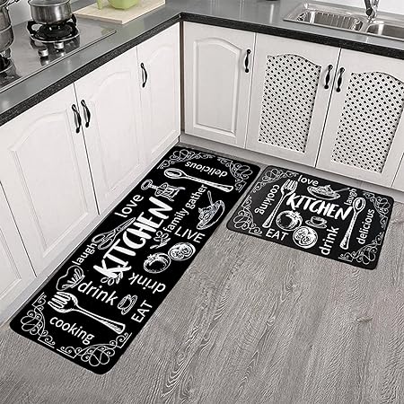 Set of 2 Non-Slip Grey Kitchen Farmhouse Rugs 16 x 31.5 in +16 x 47.3 in (Black Rugs)