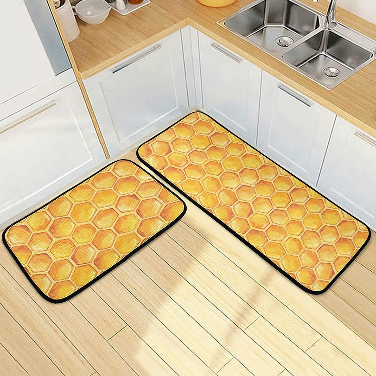 2 Pieces Honeycomb Beehive Wasp Bumblebee Anti Fatigue Kitchen Rug Set - 20"x28"+20"x47" 20"x28"+20"x47"