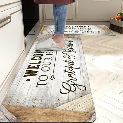 Set 2 Pieces,0.4 Inches Thick Non Slip Kitchen Rugs and Mats Teal Wood Cushioned Anti Fatigue Floor Mat Waterproof Comfort Standing Runner Sink Rug,17.3 x 28+17.3 x 47 Inch