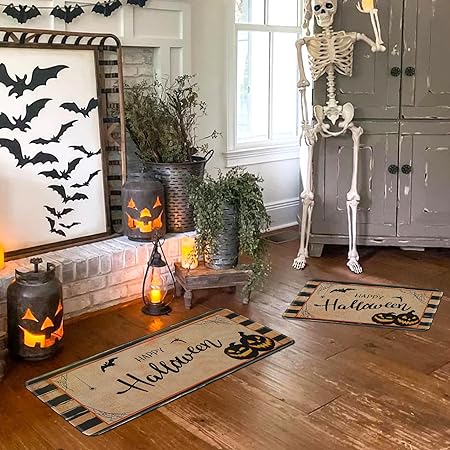 2 PCS Non Slip Halloween Decor Checkered Kitchen Floor Mats, 17x30 and 17x47 Inch