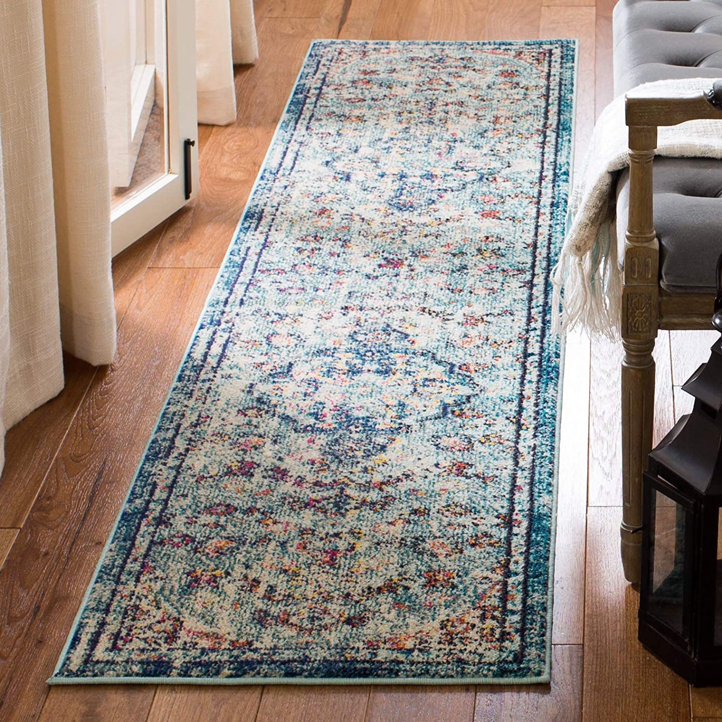 Boho Chic Vintage Medallion Distressed Runner,  Navy/Light Blue