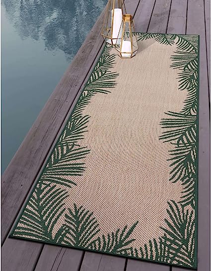 Tropical Floral Palm Leaves Textured Flat Weave Easy Cleaning Outdoor Rugs